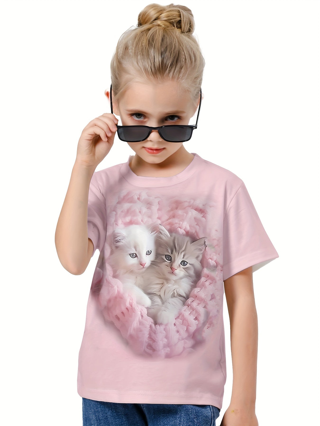 3D Adorable Cat Print Kids Short Sleeve T shirt Summer Clothes