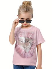 3D Adorable Cat Print Kids Short Sleeve T shirt Summer Clothes
