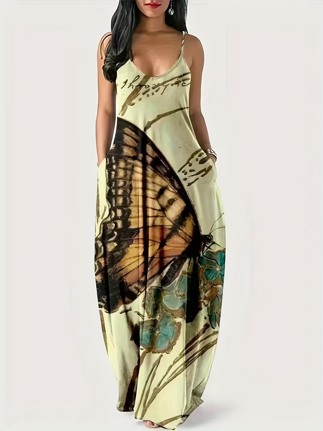 Butterfly Print Maxi Cami Dress with Pockets