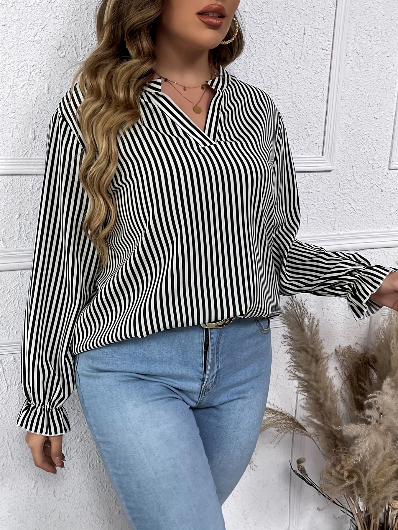 Striped Print Lantern Sleeve V Neck Blouse Plus Size Casual Blouse