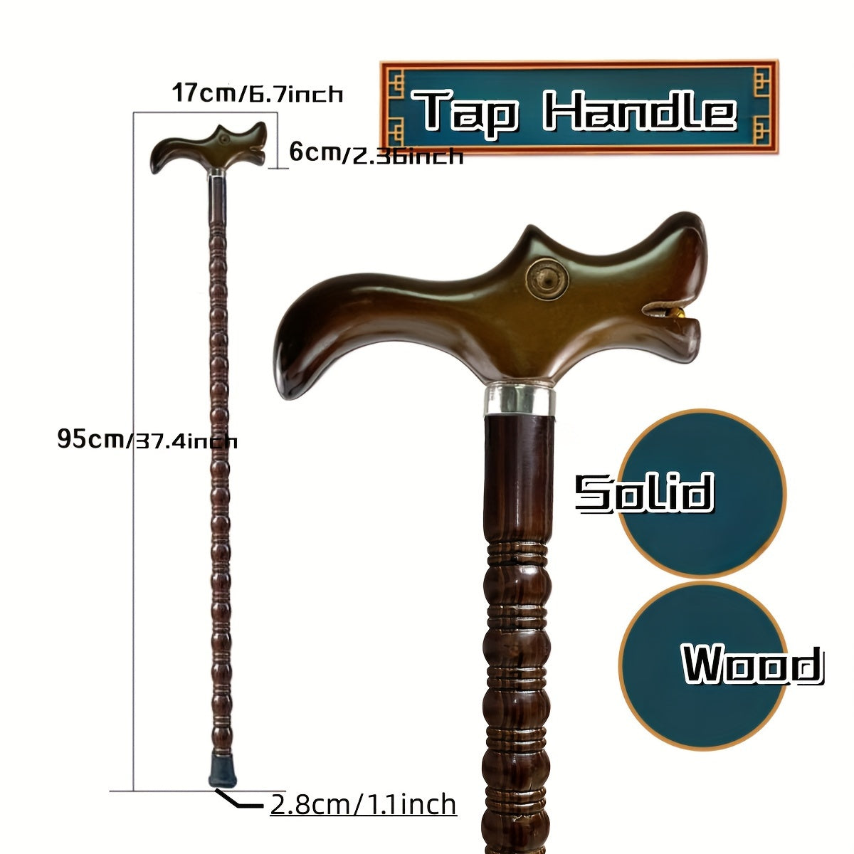 Dragon Wooden Handle Cane Lightweight Crutch Anti-slip Hiking Cane