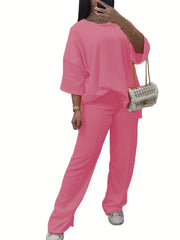 Solid Long Sleeve Top & Pants Set Plus Size Casual Outfit 2 Pcs Set