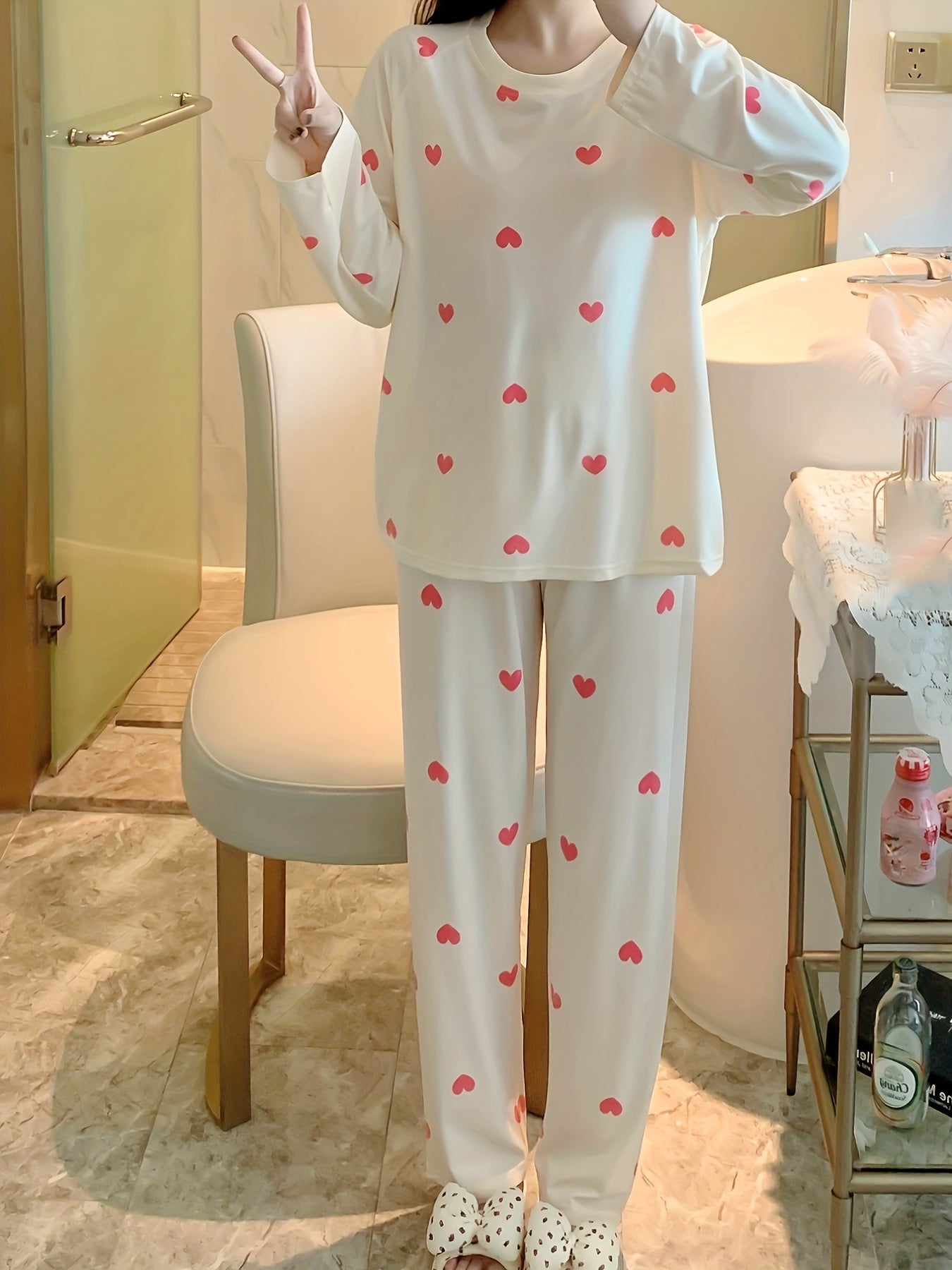 Heart Print Long Sleeve Pajama Set Women's Sleepwear & Loungewear