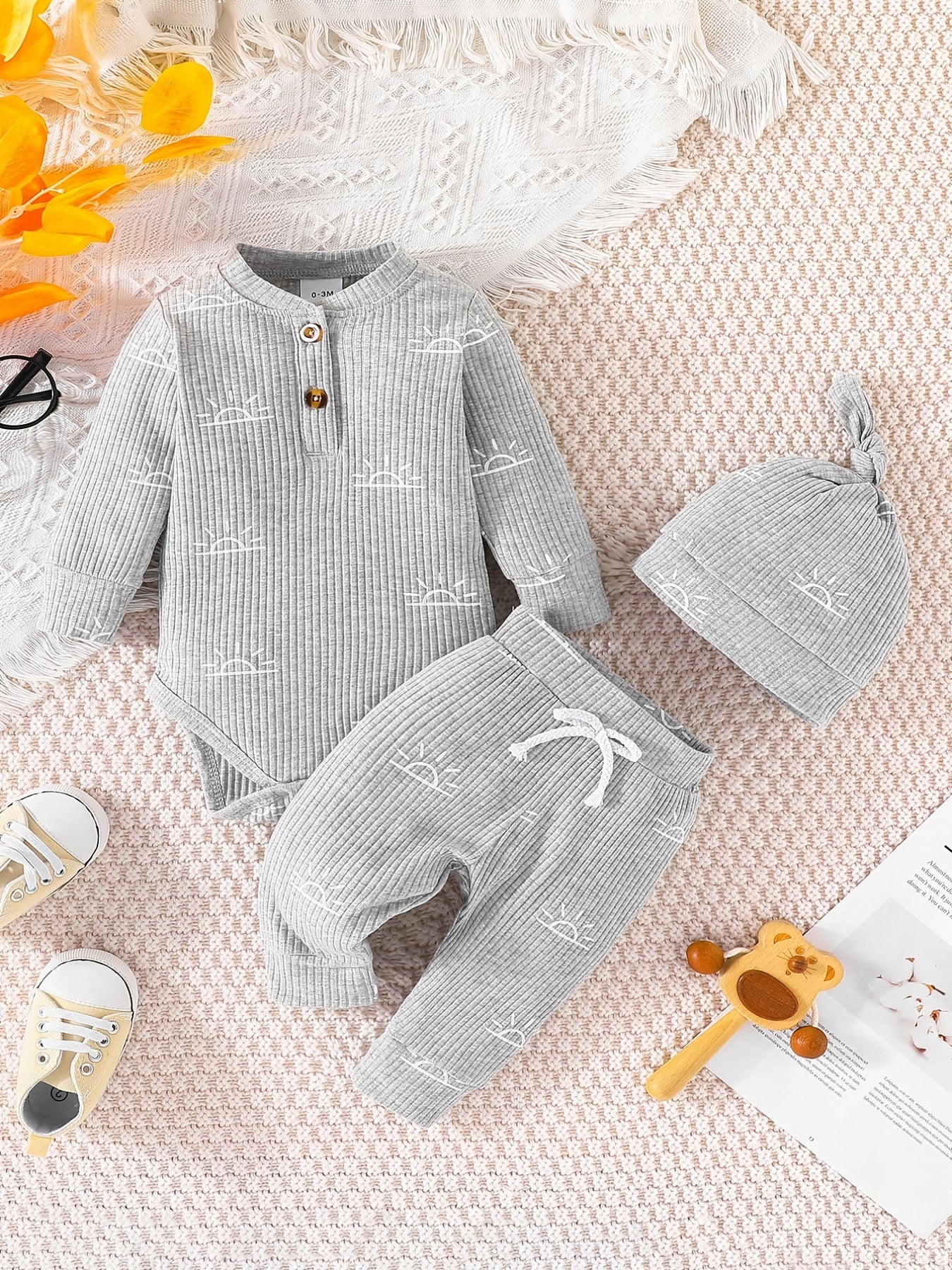 Infant Baby Boy Clothes Ribbed Knitted Sun Print Long Sleeve Romper