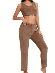 Fuzzy Lounge Set Crew Neck Tank Top & Elastic Waistband Pants Women's Loungewear