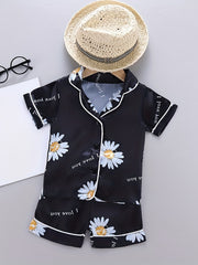 2pcs Toddler Girls Daisy & Letter Pajama Set Short Sleeve Top & Shorts