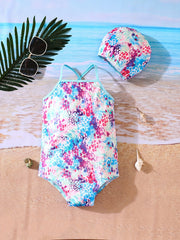 Girls Tie Dye Print One Piece Swimsuit Strappy Back Swimwear