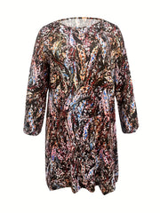 Casual Dress Women's Plus Allover Print Lantern Sleeve Round Neck Loos