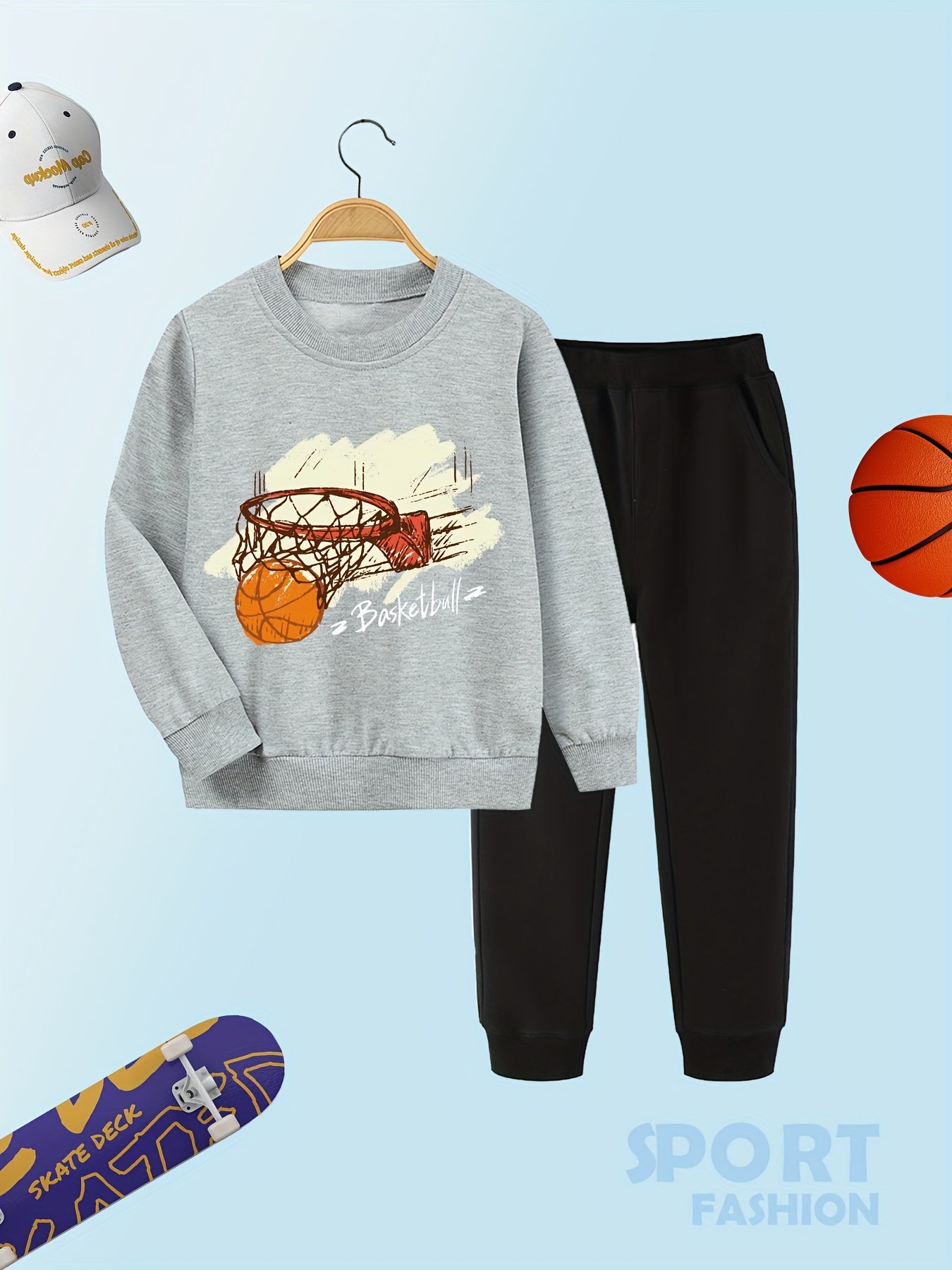 Boys Basketball Sweatshirt & Sweatpants Set Kids Fall Winter Clothes