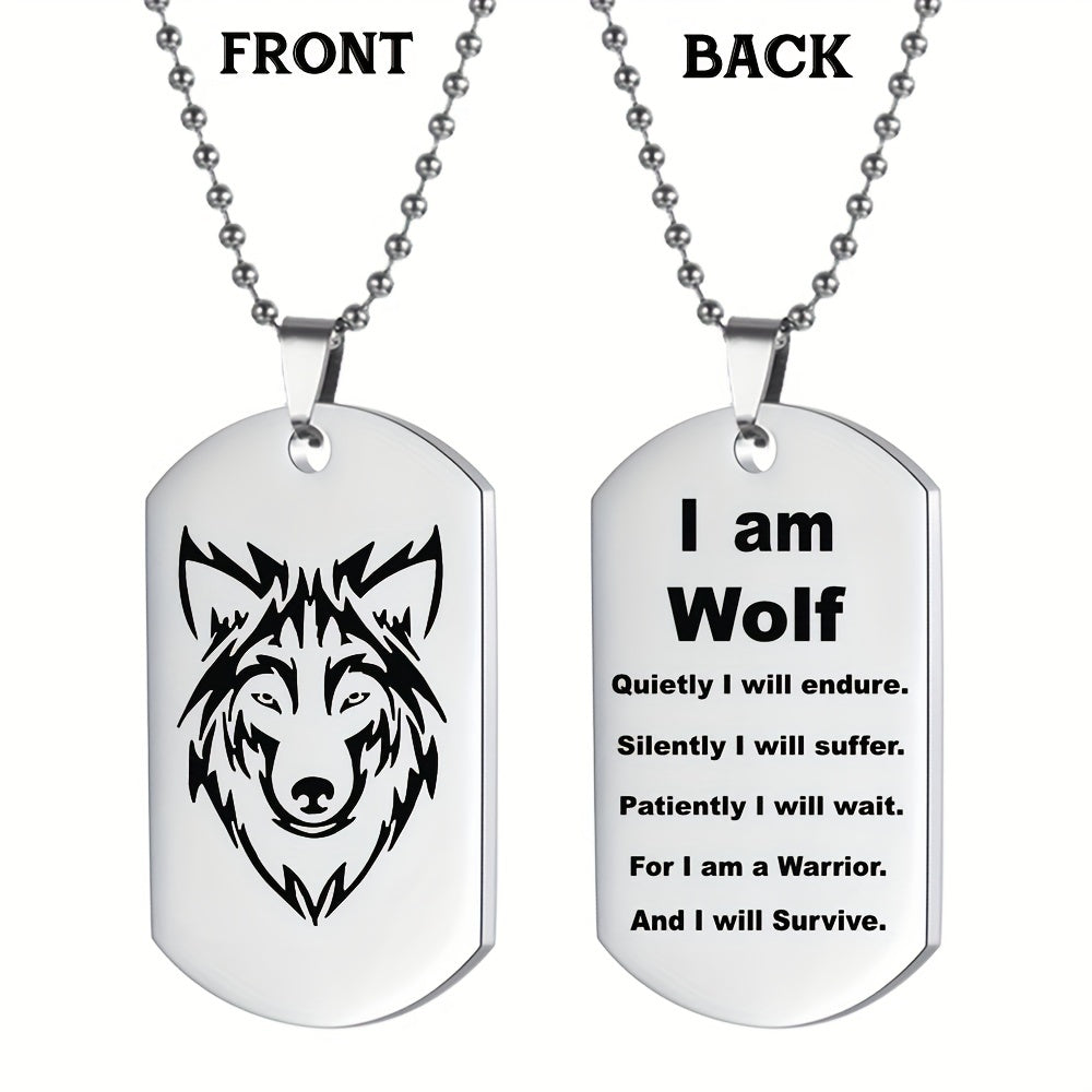 Stainless Steel Wolf Pendant Necklace for Boys 'I Am Wolf' with Chain