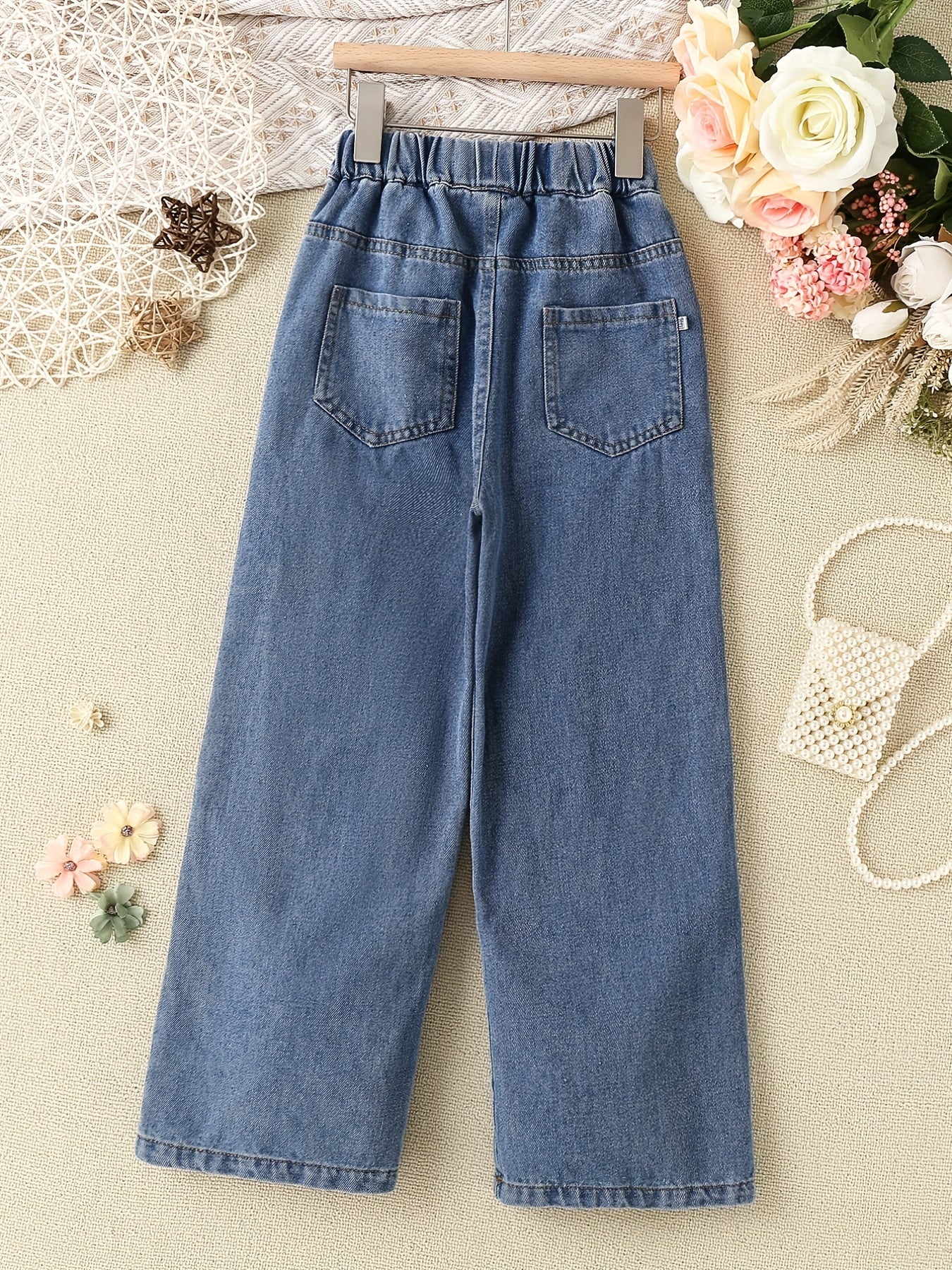 Girls Double Button Wide Leg Denim Pants