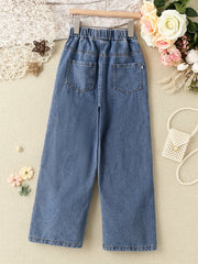 Girls Double Button Wide Leg Denim Pants