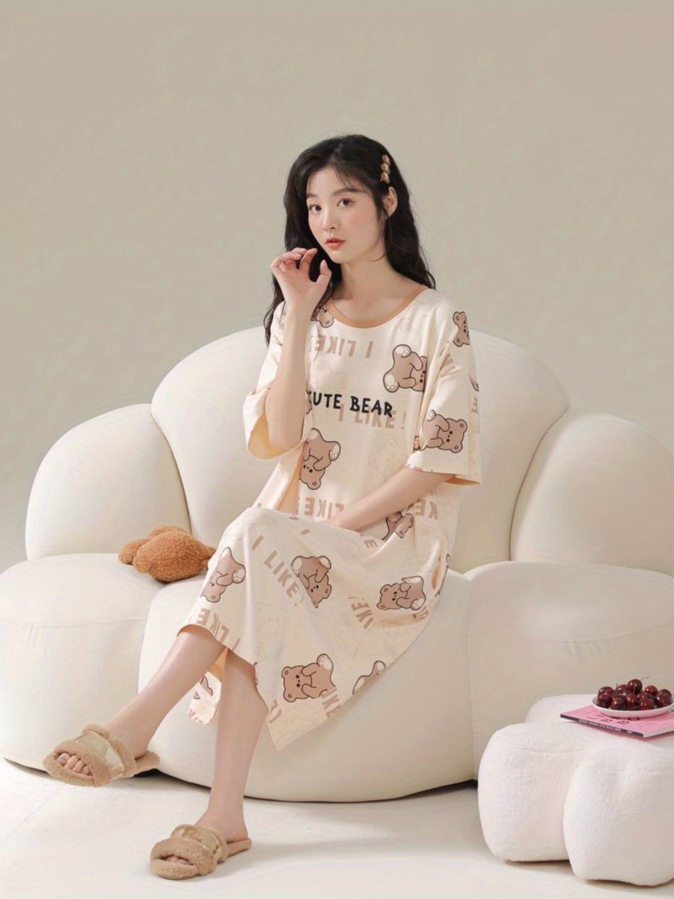 Cute Bear Print Nightdress Short Sleeve Crew Neck Sleep Dress
