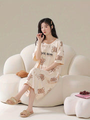 Cute Bear Print Nightdress Short Sleeve Crew Neck Sleep Dress