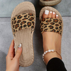 Leopard Print Slip On Sandals Open Toe Non Slip Flat Slides Beach Shoes