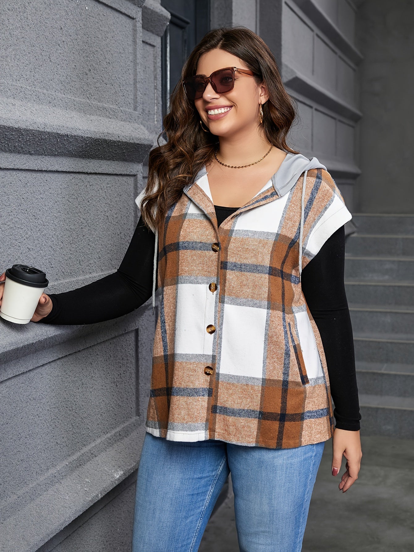 Colorblock Plaid Print Hooded Vest Coat