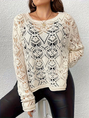 Sexy Knit Top Solid Pointelle Long Sleeve Round Neck