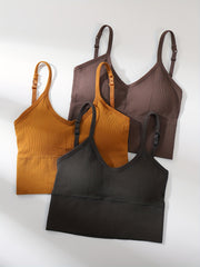 3pcs Solid Ribbed Cami Tops V Neck Sleeveless Sports Top Women's Lingerie