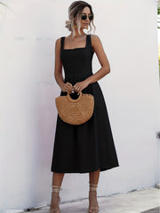 Women Solid Midi Long Dress Backless Slip Square Collar Ruched Party