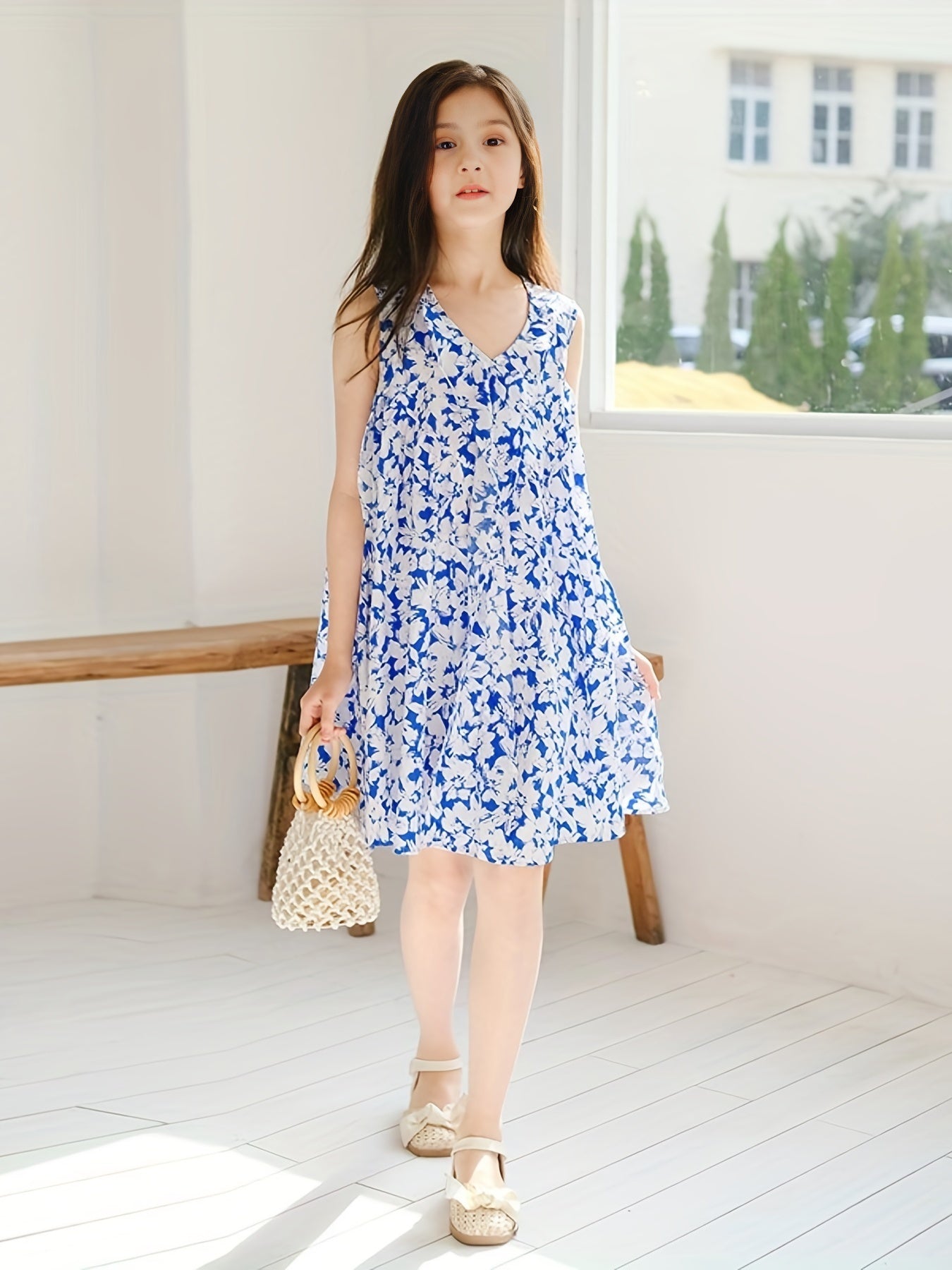 Girl's Cotton Floral Graphic V Neck Princess Dress