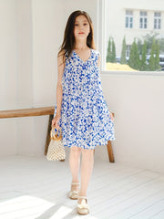 Girl's Cotton Floral Graphic V Neck Princess Dress