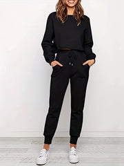 Sporty Two-piece Set Long Sleeve Crop Sweatshirt & Joggers Outfit