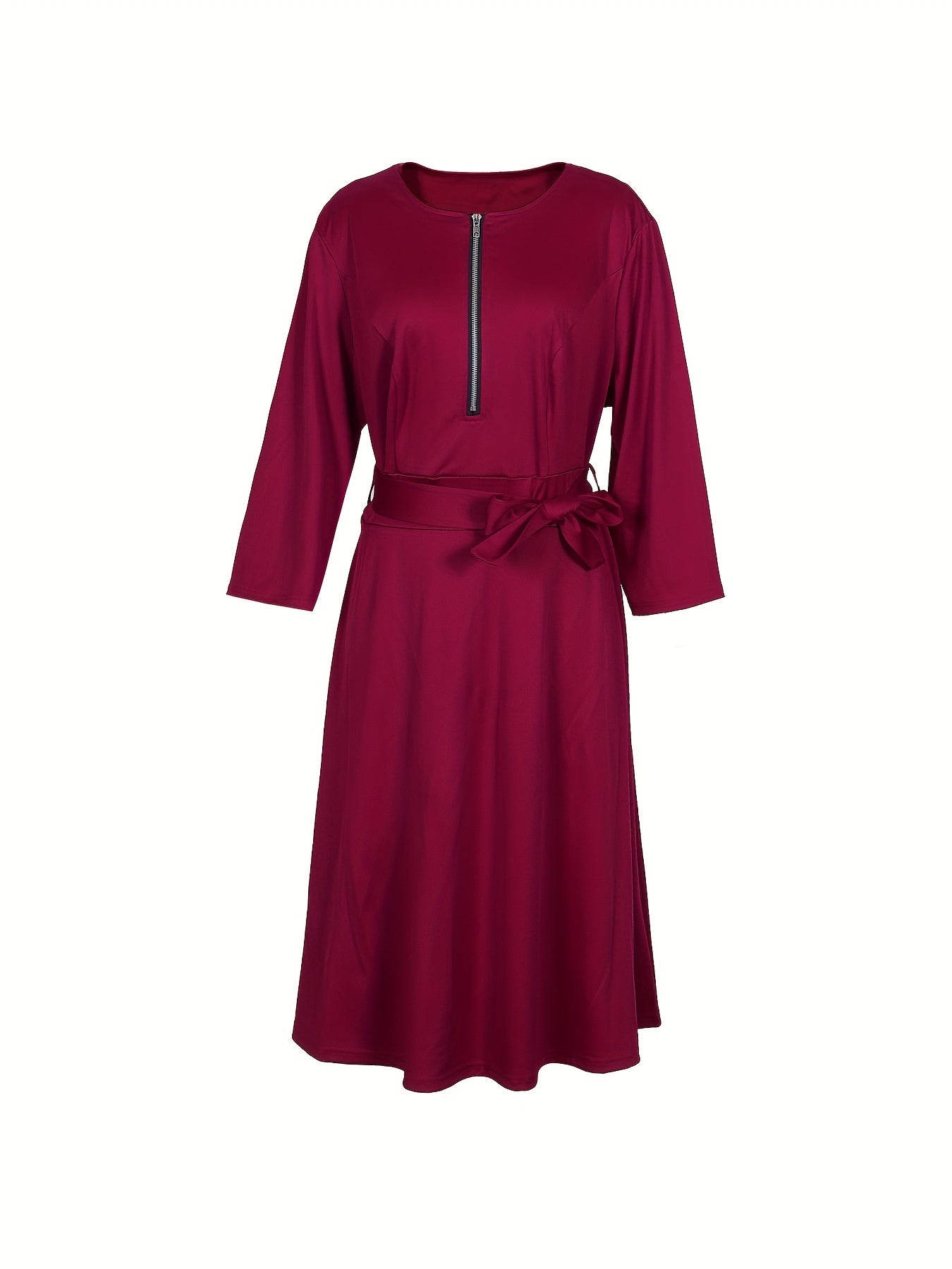 Solid V-Neck Half Zipper Dress With Pockets
