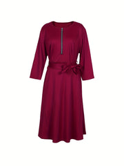 Solid V-Neck Half Zipper Dress With Pockets