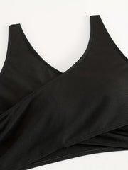 Solid Surplice Neck Crop Tank Top & Panty Swimsuit Set