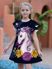 Girls Rainbow Unicorn 3D Print Dress Party Summer Kids Gift