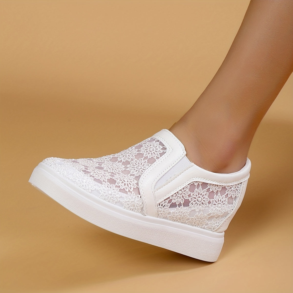 Women's Lace Wedge Heeled Loafers Mesh Slip On Shoes