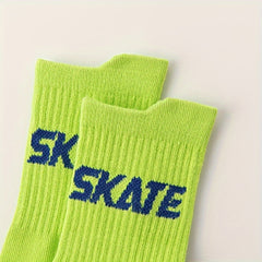 5 Pairs Boy's Striped Letter Crew Socks Cotton Blend Comfy Casual Style