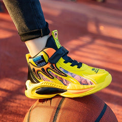 Boy's Basketball Shoes with Hook and Loop Fastener Athletic Non Slip Sneakers