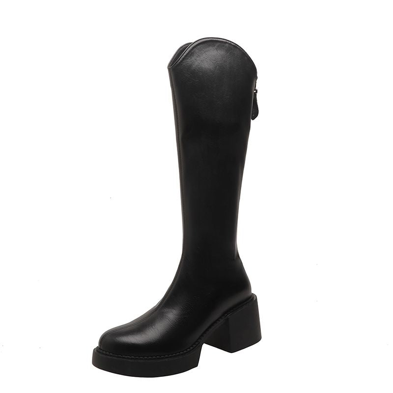 Knee High Block Heel Boots Zip Round Toe