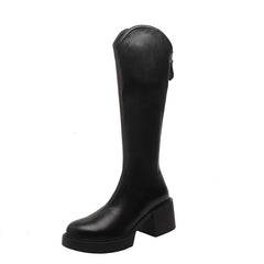 Knee High Block Heel Boots Zip Round Toe