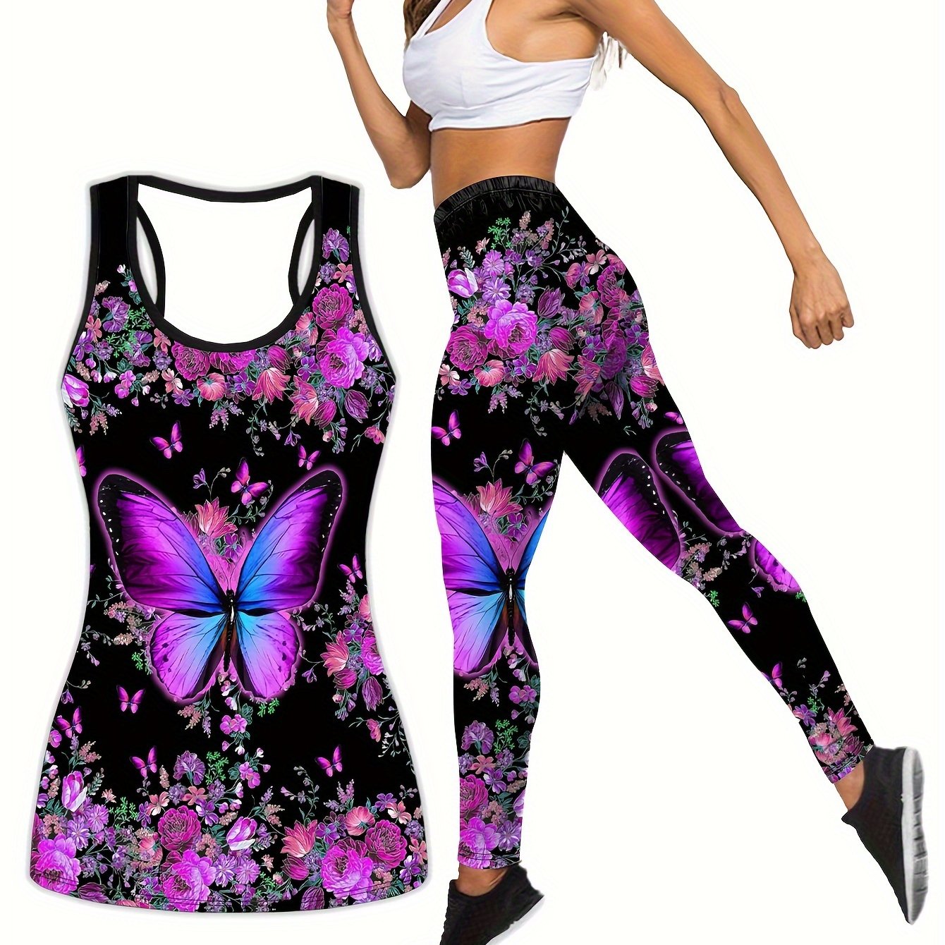 Women's Floral & Butterfly Print Tank Top & Yoga Pants Set