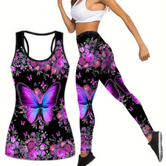 Women's Floral & Butterfly Print Tank Top & Yoga Pants Set