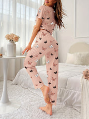 Butterfly Print Pajama Set Short Sleeve Crew Neck Top & Elastic Waistband Pants