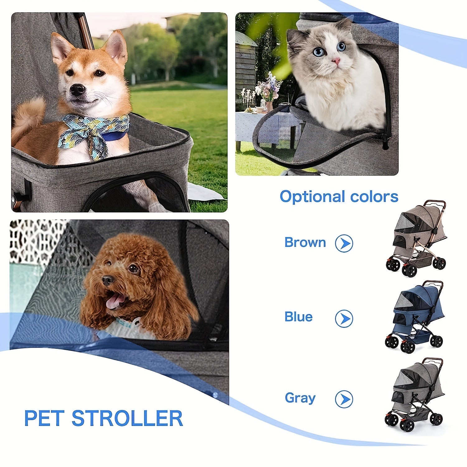 Pet Dog Stroller For Cats & Dogs, Weather Cover, Storage Basket