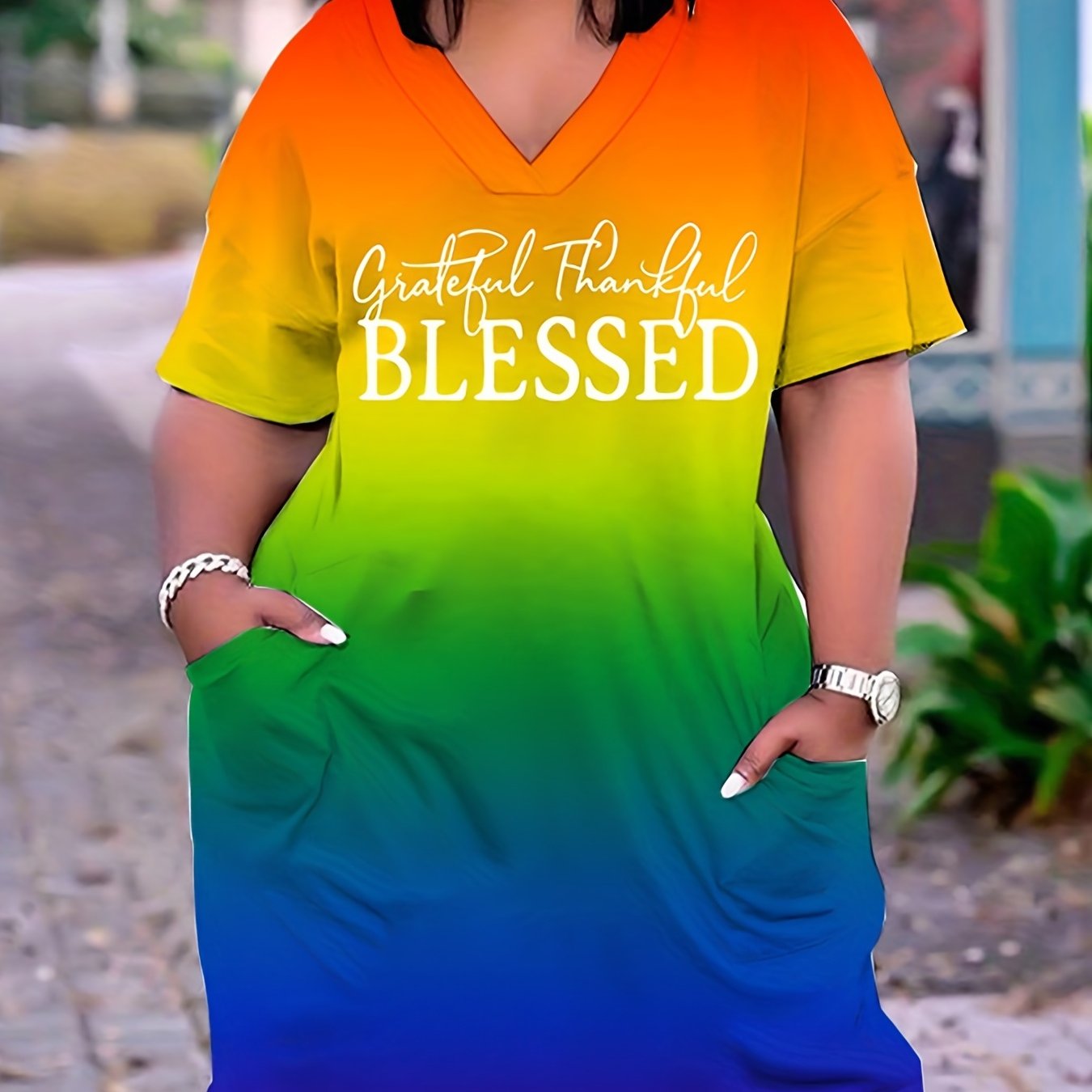 Women's Ombre & Letter Print V Neck Dress With Pockets