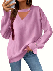 Solid Button Decor Cut Out Round Neck Sweater