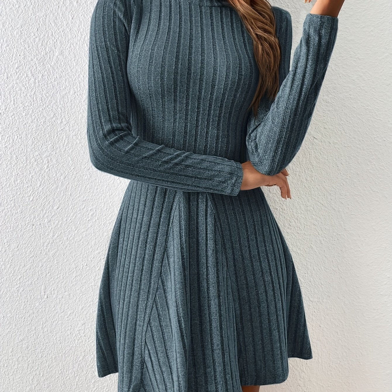 Solid Ribbed Dress Casual Mock Neck Long Sleeve Dress Women's Clothing