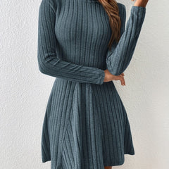 Solid Ribbed Dress Casual Mock Neck Long Sleeve Dress Women's Clothing