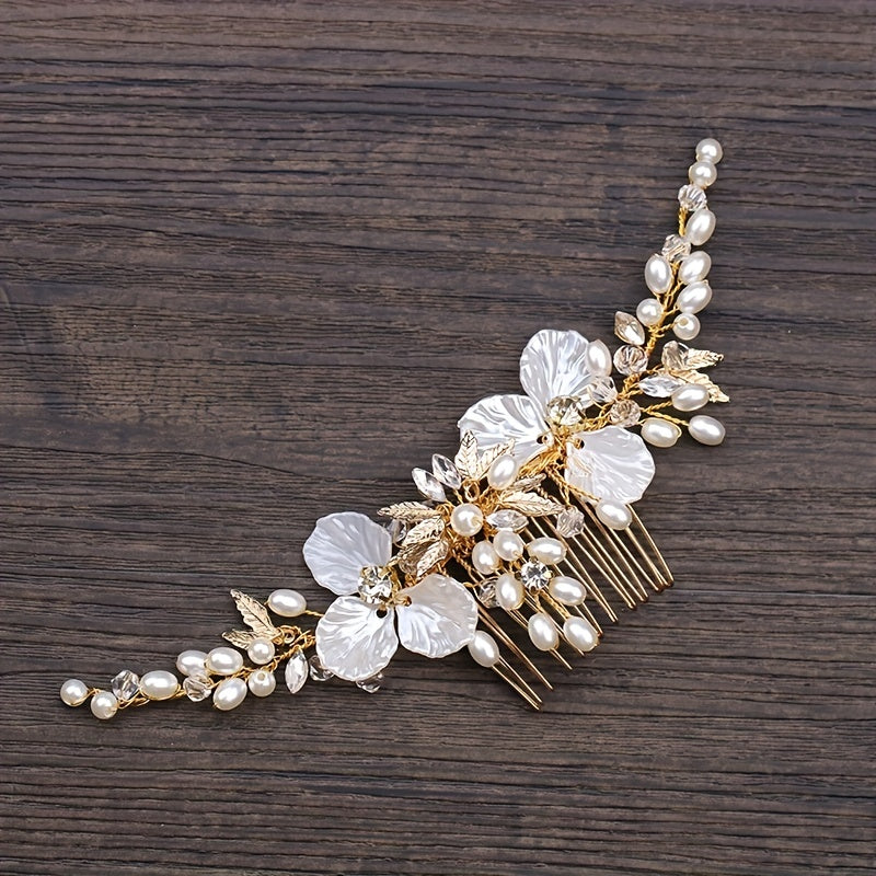 Faux Pearl Hair Comb Flower Hair Comb Golden Leaf Bridal Insert Comb