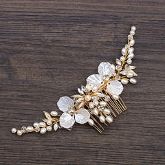 Faux Pearl Hair Comb Flower Hair Comb Golden Leaf Bridal Insert Comb