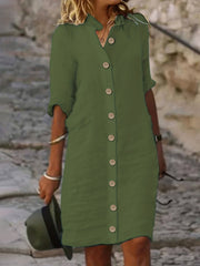 Solid Short Sleeve Button Up Shirt Dress
