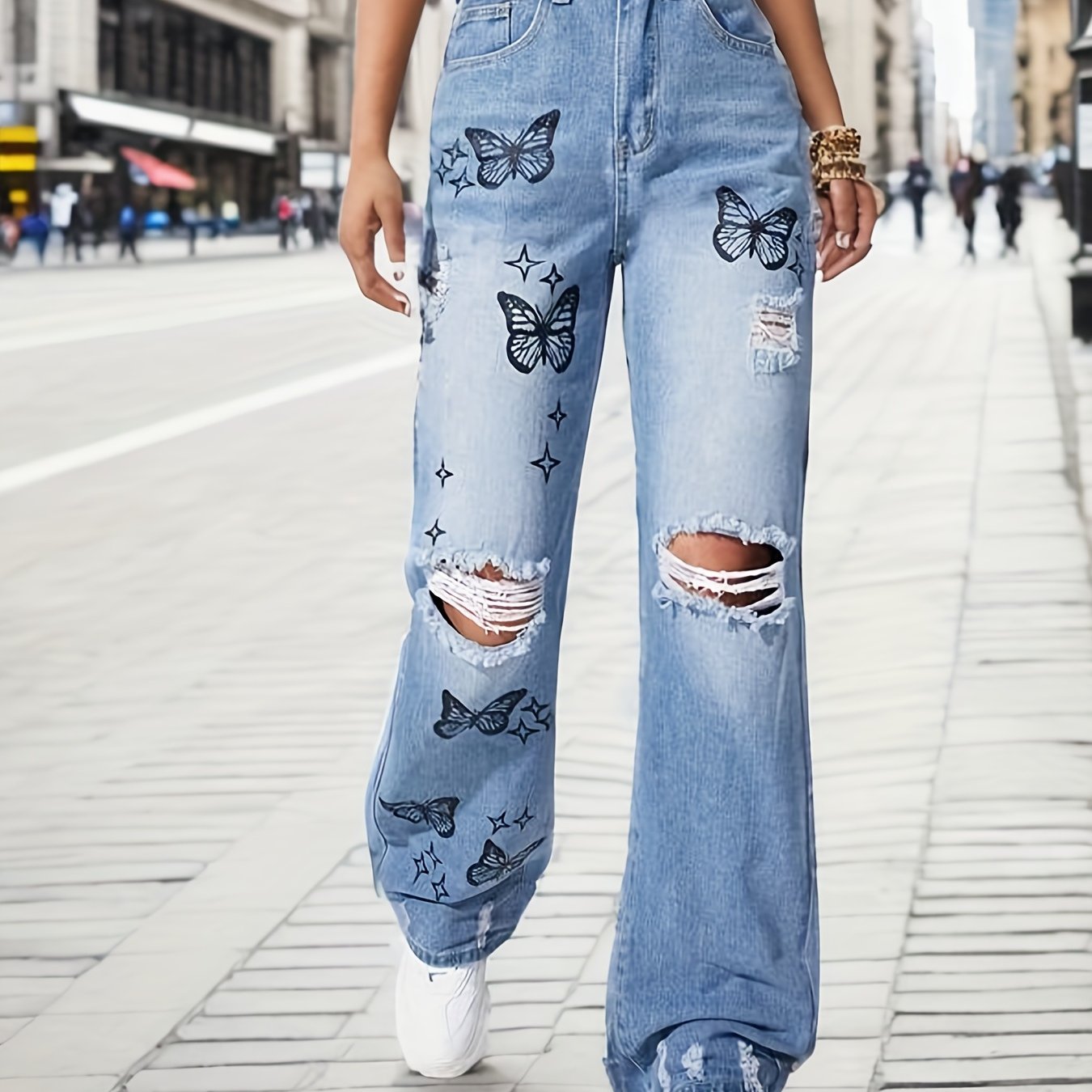 Butterfly Print Straight Jeans Ripped Holes Wide Legs Jeans