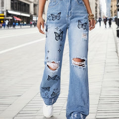 Butterfly Print Straight Jeans Ripped Holes Wide Legs Jeans