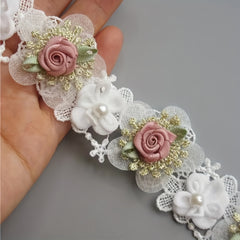 Vintage Faux Pearl Rose Flowers Embroidered Lace Trim Fabric