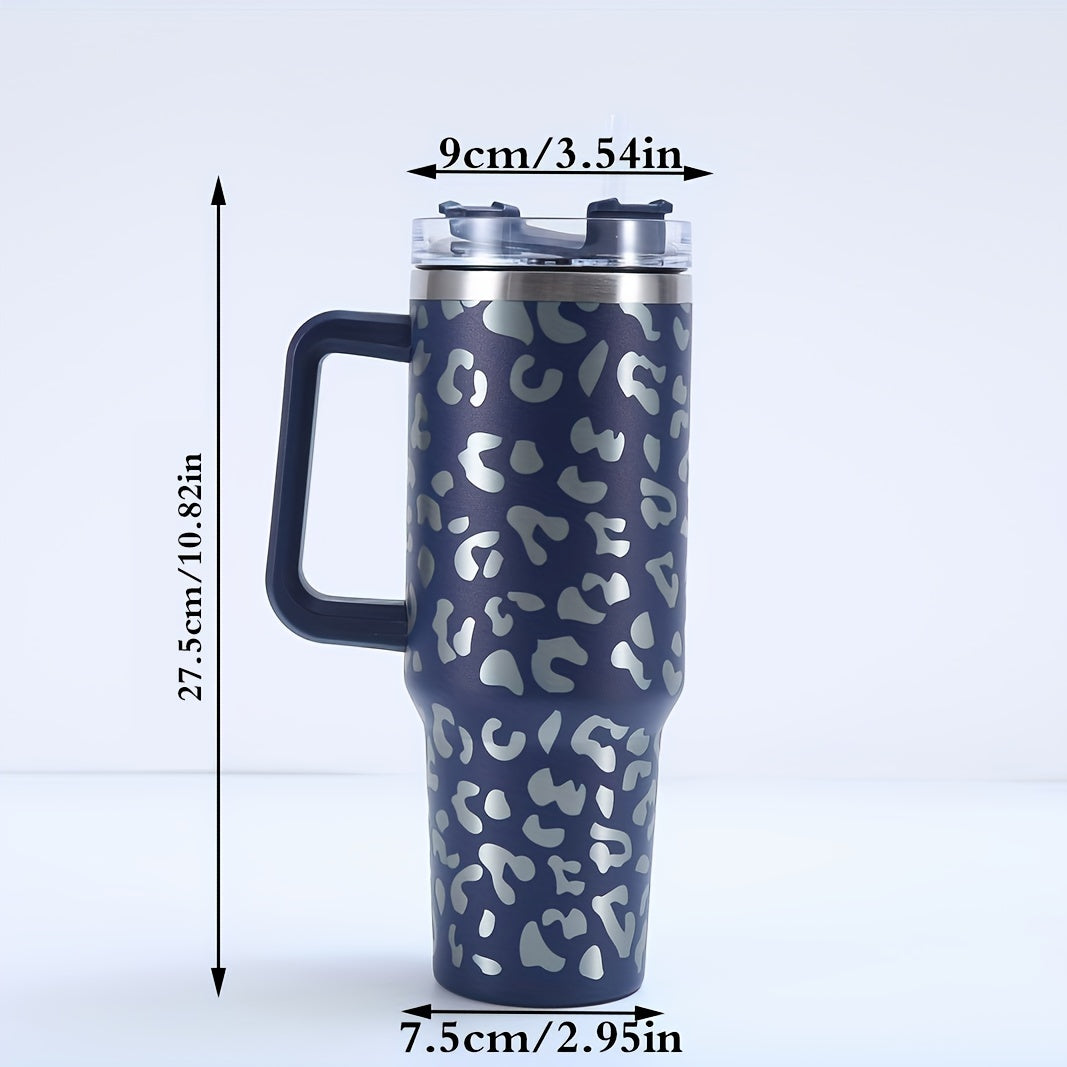 40oz Leopard Print Car Cup Handle Straw Cup Vacuum Tumbler